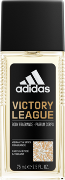 Adidas Victory League zapachowy dezodorant męski 75ml, butelka z czarno-złotą etykietą, widok z przodu.
