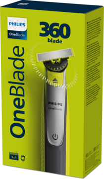 Zielone pudełko golarki Philips OneBlade 360 blade, z wizerunkiem żółtej golarki, widok pod kątem.