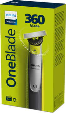 Zielone pudełko golarki Philips OneBlade 360 blade, z wizerunkiem żółtej golarki, widok pod kątem.