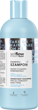 so!flow humektantowy szampon w jasnoniebieskiej butelce, widok z przodu. Dla każdej porowatości, zapach tropikalny.