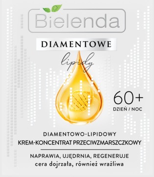Bielenda Diamentowe Lipidy 60+ krem-koncentrat przeciwzmarszczkowy na dzień/noc, z grafiką złotej kropli na jasnym tle.
