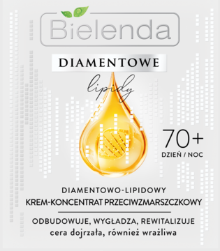 Bielenda Diamentowe Lipidy, krem-koncentrat przeciwzmarszczkowy 70+ na jasnym tle z ikoną złotej kropli.
