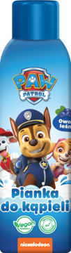 Niebieska butelka pianki do kąpieli Paw Patrol z wizerunkami Chase'a i Skye, zapach leśnych owoców, widok z przodu.