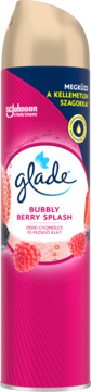 Front view: Glade Bubbly Berry Splash air freshener, pink aerosol can with gold top, berry label.
