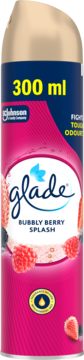 Glade Bubbly Berry Splash odświeżacz powietrza 300ml, różowa puszka z leśnymi owocami, widok z przodu.