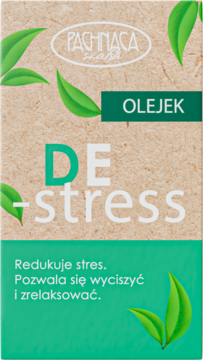 Olejek zapachowy DE-stress w beżowo-zielonym kartoniku z liśćmi, widok z przodu.