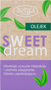 Opakowanie olejku Sweet Dream Pachnąca Szafa do zasypiania, beżowo-fioletowe z liśćmi, widok z przodu.