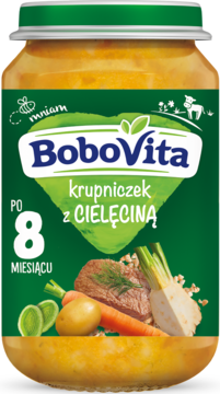BoboVita krupniczek z cielęciną, słoiczek dla niemowląt po 8 miesiącu, zielona etykieta, widok z przodu.
