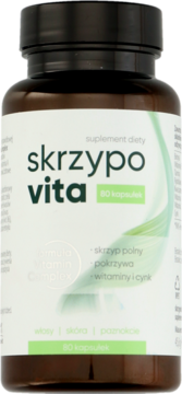 Ciemnobrązowa butelka suplementu SkrzypoVita na włosy, skórę i paznokcie, z jasnozieloną etykietą, widok z przodu.