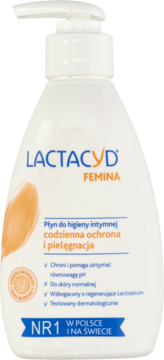 Lactacyd Femina płyn do higieny intymnej, biała butelka z pompką, niebiesko-pomarańczowe logo, ujęcie frontalne.