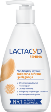 Biała butelka Lactacyd Femina płyn do higieny intymnej z pompką, codzienna ochrona i pielęgnacja.