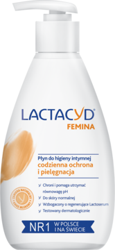 Biała butelka Lactacyd Femina z pompką, płyn do higieny intymnej do skóry normalnej, chroniący pH, widok z przodu.
