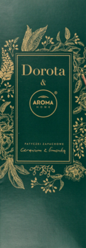 Ciemnozielone opakowanie patyczków zapachowych Dorota & Aroma Home Geranium z limonką, ze złotym nadrukiem.