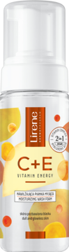 Biała butelka Lirene C+E Vitamin Energy Moisturizing Wash Foam z pompką, widok z przodu, etykieta z cytrusowymi elementami.