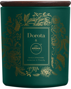 Ciemnozielona świeca zapachowa Dorota & Aroma Home Geranium & Limonka, ze złotym zdobieniem, widok z przodu.