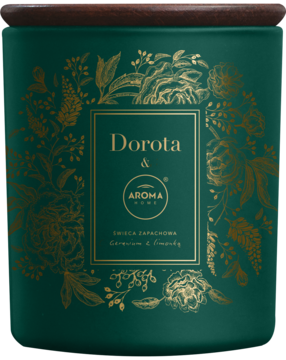 Ciemnozielona świeca zapachowa Dorota & Aroma Home Geranium & Limonka, ze złotym zdobieniem, widok z przodu.
