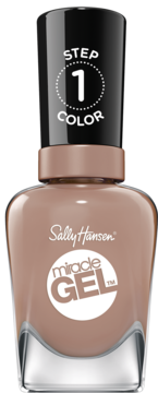 Sally Hansen Miracle Gel w butelce, beżowy lakier, czarna nakrętka z 'STEP 1 COLOR', widok z przodu.