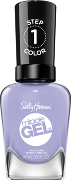 Fioletowy lakier do paznokci Sally Hansen Miracle Gel, butelka z czarną nakrętką, widok z przodu.