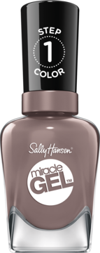 Lakier Sally Hansen Miracle Gel 205 To The Taupe, butelka z czarną nakrętką 'STEP 1 COLOR'.