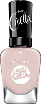 Butelka bladoróżowego lakieru żelowego Sally Hansen Miracle Gel 232 Tutu The Ballet z napisem Disney Cruella.