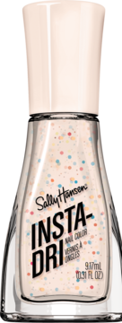 Sally Hansen Insta-Dri #117 Sprinkle, Sprinkle quick-dry nail polish, off-white with colorful confetti dots, front view.