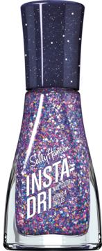 Szybkoschnący lakier Sally Hansen Insta-Dri 483 Grape Shifter, fioletowy brokat, butelka z przodu.