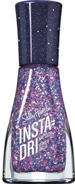 Szybkoschnący lakier Sally Hansen Insta-Dri 483 Grape Shifter, fioletowy brokat, butelka z przodu.