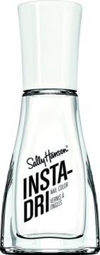 Sally Hansen Insta-Dri, szybkoschnący lakier w przezroczystej butelce z białą nakrętką, widok z przodu.