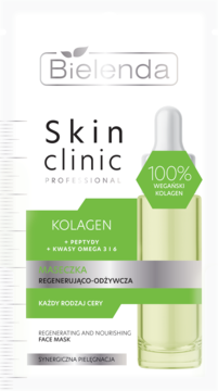 Bielenda Skin Clinic maseczka regenerująco-odżywcza, białe opakowanie z kolagenem i peptydami, widok z przodu.