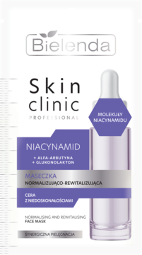 Bielenda Skin Clinic Niacynamid maseczka normalizująco-rewitalizująca, biało-fioletowa saszetka, widok z przodu.