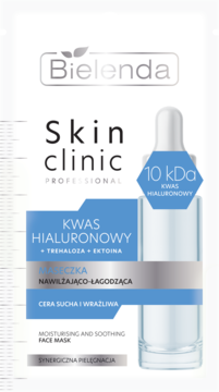 Bielenda Skin Clinic maseczka nawilżająca z kwasem hialuronowym 10kDa, biała saszetka, widok z przodu.
