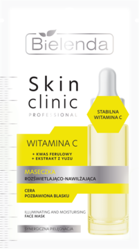 Bielenda Skin Clinic Professional Witamina C maseczka rozświetlająca w białej saszetce z żółtą butelką.