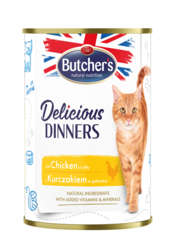 Butcher's Delicious Dinners karma dla kota, puszka z kurczakiem w galaretce, rudy kot, widok z przodu.