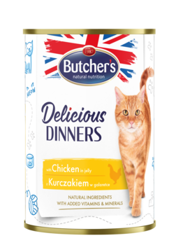 Butcher's Delicious Dinners karma dla kota, puszka z kurczakiem w galaretce, rudy kot, widok z przodu.