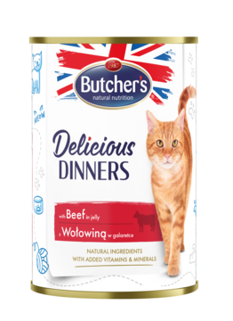 Puszka karmy Butcher's Delicious Dinners wołowina w galaretce, z rudym kotem i flagą UK, widok z przodu.