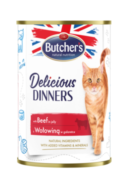 Puszka karmy Butcher's Delicious Dinners wołowina w galaretce, z rudym kotem i flagą UK, widok z przodu.