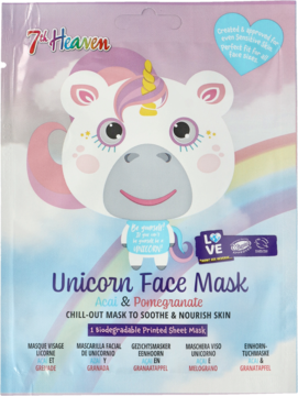 7th Heaven Unicorn Face Mask Acai & Pomegranate sheet, front view of plastic packaging with cartoon unicorn face.
