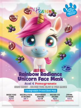 7th Heaven Unicorn maseczka w płachcie, opakowanie z bajkowym jednorożcem, tęczą, owocami acai i granatu. Widok z przodu.