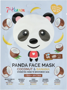 Biała maska 7th Heaven Panda Coconut & Banana nawilżająca, z nadrukiem pandy i owoców na opakowaniu.