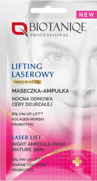 BIOTANIQE Lifting Laserowy Maseczka-ampułka nocna dla cery dojrzałej, biało-różowa saszetka, przód.