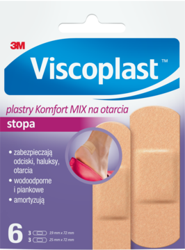 Opakowanie plastrów Viscoplast Komfort MIX na otarcia stóp. Wodoodporne, piankowe, amortyzujące. Widok z przodu.