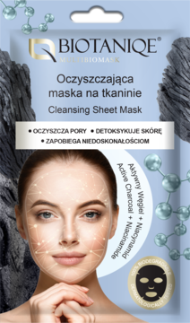 Biotaniqe Cleansing Sheet Mask z aktywnym węglem i niacynamidem, jasnoniebieskie opakowanie, widok z przodu.