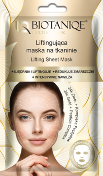 Biotaniqe Lifting Sheet Mask, złoto-biała saszetka z twarzą kobiety, widok z przodu, z napisem 24K Gold.