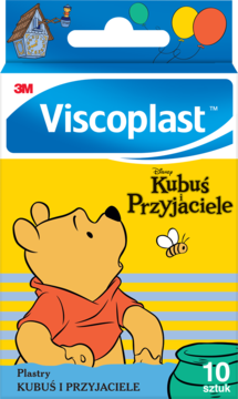 Opakowanie plastrów Viscoplast Kubuś i Przyjaciele z Puchatkiem na żółtym tle. 10 miękkich sztuk.