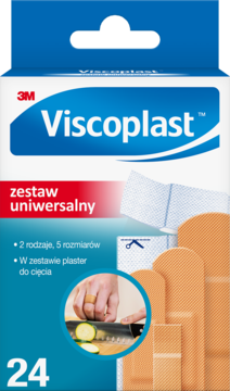 Biało-niebieskie opakowanie Viscoplast Zestaw Uniwersalny, 24 plastry w 5 rozmiarach, z plastrem do cięcia, widok z przodu.