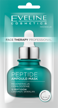 Eveline Peptide Ampoule-Mask, regenerująca serum-maska w turkusowej butelce z zakraplaczem, widok frontalny na opakowaniu.
