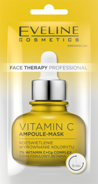 Eveline Vitamin C Ampoule-Mask w żółtej saszetce. Widok butelki z kroplomierzem. Rozświetla i wyrównuje koloryt.