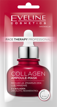 Eveline Collagen Ampoule-Mask, czerwona butelka w srebrnej saszetce, z kolagenem, 24K złotem i resweratrolem, widok z przodu.