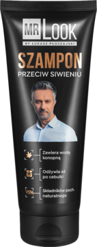Czarna tuba szamponu Mr. Look Przeciw Siwieniu, z wizerunkiem mężczyzny i złotymi detalami, widok z przodu.