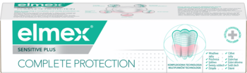 Białe opakowanie pasty elmex Sensitive Plus Complete Protection, widok z przodu, zielono-szare logo.